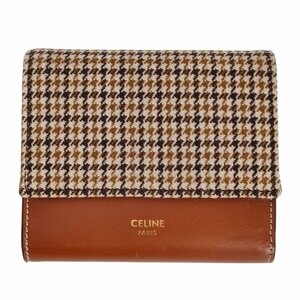 美品 CELINE セリーヌ エディ期 レザー×ツイード ハウンドトゥース 千鳥格子柄 三つ折り財布 ウォレット ブラウン J1102