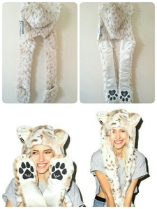 【未使用品レア】SPIRITHOODS スピリットフーズ 耳付きアニマルファーフードマフラー 雪豹 USA製 フェイクファー/アリアナグランデ/セレブ 