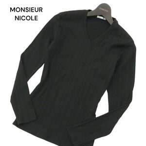 MONSIEUR NICOLE ムッシュ ニコル 通年 Vネック★ テレコ 長袖 リブ カットソー ロンTシャツ Sz.46　メンズ 黒　A4T05074_5#F