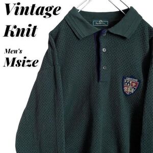 襟付きウールニット ワッペン ハーフボタン 古着 セーター 緑 グリーン レトロ 90s