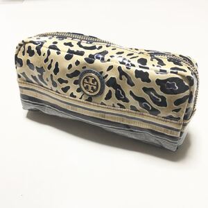 $ 美品 $◆ トリーバーチ ◆ TORY BURCH◆ レオパード ヒョウ柄◆ ビニールコーティング・化粧ポーチ 小物入れ ペンケース◆ベージュ×濃紺