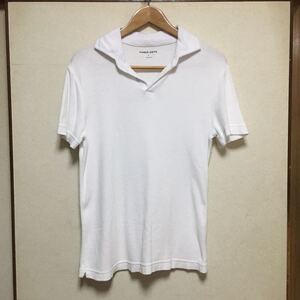 送料込 米国製 three dots パイル スキッパー white Sサイズ USED スリードッツ 半袖シャツ 白 MADE IN USA アメカジ 古着 メンズ