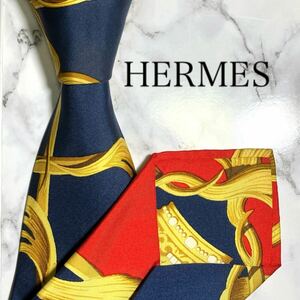 美品　HERMES エルメス　ネクタイ　スカーフ柄　ネイビー　イエロー　レッド　紺　黄色　赤　スーツ　シルク　フランス　メンズ