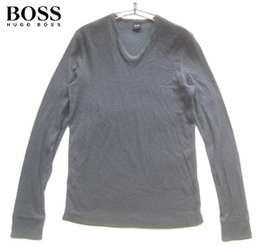 美品トルコ製!!ヒューゴボス HUGO BOSS*ロゴタグ付き Vネックコットンニットセーター・カットソー S 濃灰 ダークグレー