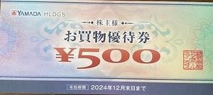 最新★ヤマダ電機★株主優待 お買物優待券★500円1枚★2024年12月末日まで★ミニレター