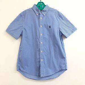 □美品□RALPH LAUREN 半袖シャツ M(10-12)150 白×水色 ブロックチェック柄 ラルフローレン キッズ BD ロゴ刺 複数落札同梱OK B240620-7