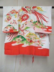 1円 中古 正絹 女児 子供着物 縮緬 七五三 和装 和服 産着 花喰い鳥 遠山風景 高級 袷 身丈100cm 身巾47cm【夢職】★★