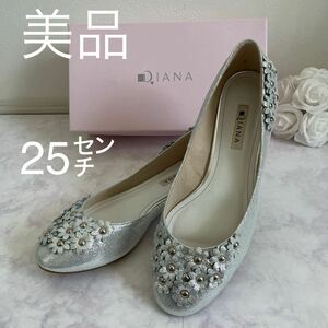 シルバーパンプス DIANA 低ヒールフラットシューズ ダイアナ 花　夏　２５㎝