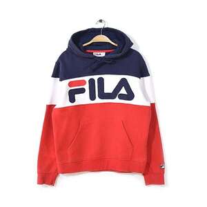 【送料無料】FILA フィラ ビッグロゴ スウェットパーカ 赤紺白 スポーツ トレーナー フード 古着 S @CG0263