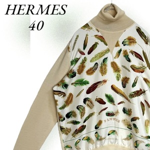 ☆美品☆HERMES PLUMES エルメス ブラウス シルク ウール 切替 スカーフ柄 40 プリュム 羽 ニット タートルネック 異素材 ウール シルク