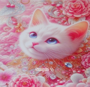 【A4】ネコ日本帝国 128 宝石白猫 手描き&CG 絵画イラストオリジナル原画 Cat Empire Jewel white cat Hand drawn painting original art