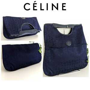 美品 CELINE オールドセリーヌ ビンテージ ノエビア マカダム 2way クラッチバッグ 鞄 ハンドバッグ レザー ネイビー 黒 レディースメンズ