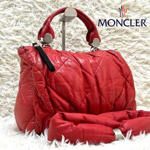 1円【希少】MONCLER モンクレール ショルダーバッグ ハンド レザー 2way ピローバッグ キルティング ダウン フェザー ロゴ金具 赤 レッド