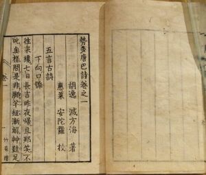 「勢多唐巴詩」3巻　胡逸滅方海著　恵菜安陀羅校　見返し蕪村画　明和8年序刊　銭屋版　1冊｜和本 古典籍　日本漢詩　狂詩　戯作　風刺滑稽