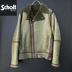 希少レア サンプル Schott ショット ムートン ダブルライダース レザー ジャケット グリーン カーキ