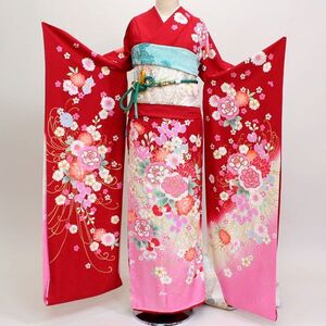 振袖 正絹 未仕立て オーダーメイド 百花繚乱 赤色 成人式 結納 結婚式 新品（株）安田屋 NO0010