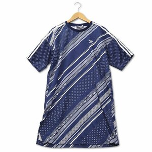 アディダス adidas ロゴ刺繍 プリント Tシャツ ワンピース M ブルー レディース