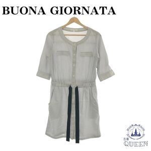 ☆美品☆ BUONA GIORNATA ボナジョルナータ ワンピース ミニ 五分丈 紐ベルト レディース ストライプ M 901-3822 送料無料