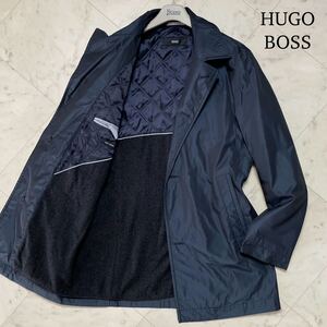 極美品/Lサイズ★ ヒューゴボス HUGO BOSS 裏地キルティング ウール ステンカラーコート バルマカーン ミドル丈 撥水加工 ネイビー メンズ