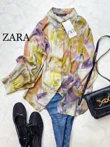 ZARA ザラ★タグ付き未使用★大人素敵★とろみ素材 水彩画調 ぼかしプリント シャツ ブラウス★マルチカラーXSサイズ 1022