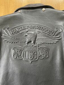 90‘ｓ☆Harley-Davidson ダブル レザー ライダースジャケット☆メンズLサイズ / ブラック / エンボス加工イーグル