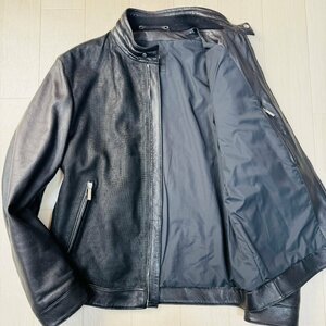 美品/50 XL相当★ヒューゴボス/HUGO BOSS 羊革 ラムレザー ライダース ジャケット マイクロチェック加工 ダブルジップ 艶感 メンズ 黒