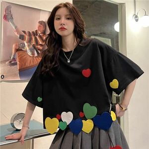 半袖tシャツ レディース トップス 半袖 ショートTシャツ tシャツ カットソー 夏服 薄手 プリント ラウンドネック ハート柄 綿SLUC036