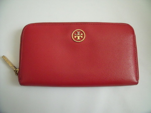 $ 美品 $ ◆ TORY BURCH ◆ トリーバーチ ◆ ラウンドファスナー 長財布◆ ロゴ入り レザー製◆ 赤 レッド系 ◆ 送料無料！！