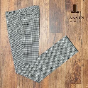 春夏/LANVIN COLLECTION/48サイズ/国産スラックス パンツ なめらか清涼サマーウール チェック柄 ノータック 美脚 新品/黒×白/ib184/