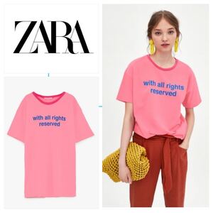 ZARA ロゴTシャツ　コントラストネック仕様テキスト入りTシャツ　半袖Tシャツ ピンク　M 1875