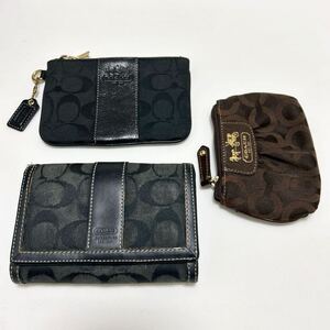 ◆COACH コーチ　折り財布＆ポーチ　3点セット◆　シグネチャー　キャンバス×レザー　ブラック＆ブラウン 【USED】 0919