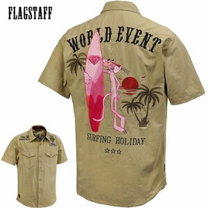 432044-100 ピンクパンサー PINK PANTHER ワークシャツ リップストップ mens メンズ サーフボード 半袖シャツ(ベージュ茶) L FLAG STAFF