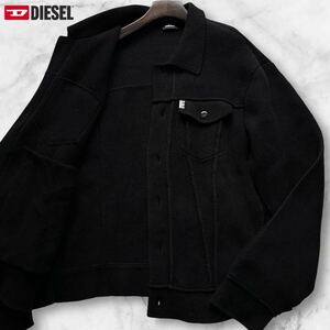 未使用級/XXL相当◎ディーゼル ニット トラッカージャケット DIESEL メタルロゴプレート ブルゾン ウール 肉厚◎ ストレッチ ブラック 黒