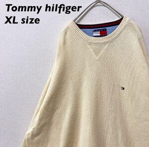 トミーヒルフィガー　ニット　セーター　無地　刺繍ロゴ　男女兼用　生成色　XLサイズ　ユニセックス　大きいサイズ　tommy hilfiger