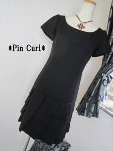 【美品】PIn Curl ピンカール 毛ウール100% ティアード半袖ワンピ 黒ブラック 38／送料無料！