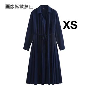 navy vintage ヴィンテージ レトロ プリーツ ロング ワンピース トップス XSサイズ レディース★ZARA 好きな方に★2024 A/W 秋新作 新品★