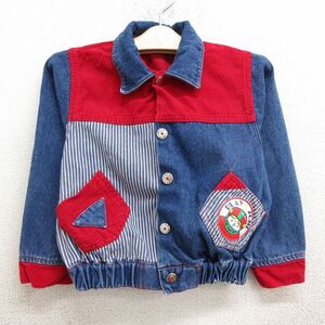 古着 長袖 ジージャン キッズ ボーイズ 子供服 80s フットボール コーデュロイ使用 コットン 紺 ネイビー デニム 24jan12