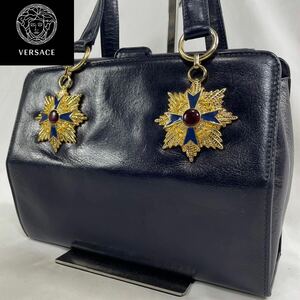 1円〜 【美品！希少！】ジャンニヴェルサーチ GIANNI VERSACE ハンドバッグ サンバースト レザー 本革 がま口 ネイビー ゴールド金具