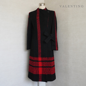 良品 ヴァレンティノ VALENTINO ニット ツイード コート 44 レディース ブラック レッド 黒 赤 ノーカラー ロング アウター ジャケット 