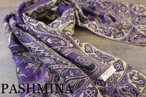 新品【パシュミナ Pashmina100％】金糸織 ペイズリー薔薇柄 ライトパープル×ゴールド 薄紫×金 L.PURPLE×GOLD 大判 ストール