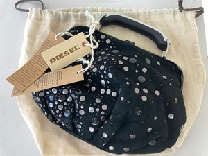 DIESEL ミニハンドバッグ/ディーゼル 豚革 がま口タイプ 黒☆未使用・保存袋付 