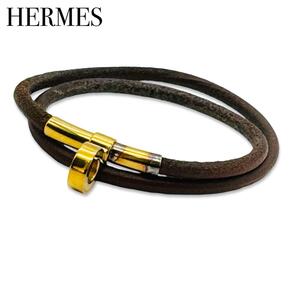 HERMES　エルメス ドゥーブル ケリー レザー ブレスレット レディース ブラウンゴールド