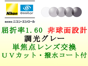 ニコン・エシロール 単焦点1.60 非球面 グレーに色が変わる 調光グレー メガネレンズ交換