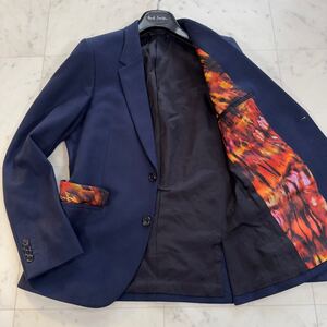 ポールスミス 【燃える裏地！】 Paul Smith テーラードジャケット Mサイズ ネイビー 紺色 火炎 ファイヤーパターン ウール100% 秋冬向け