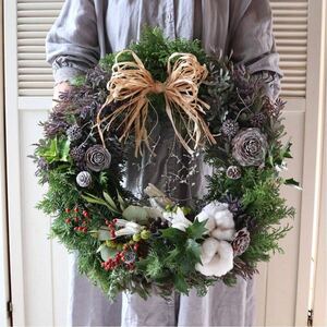 *kashun* (45cm) ＊特大＊ハンドメイド ミモザとヒバのシックなフレッシュクリスマスリース/生リース/店舗装飾/ギフト/プレゼント/お祝い