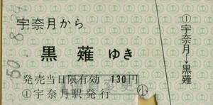 ◇◆◇　黒部峡谷鉄道　【 乗車券 】宇奈月 から 黒薙 ゆき　Ｓ５０.８.２９ 硬券　宇奈月 駅 発行