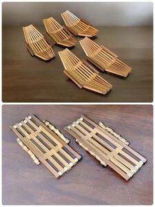 昭和レトロ 竹製 おしぼり置き 竹網 舟型 5客 木製 おしぼり置き 2客