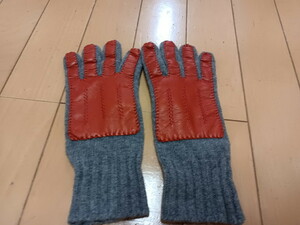 美品★羊革のニット手袋★グレー×オレンジ★上質です