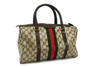 1円 GUCCI オールドグッチ ヴィンテージ シェリーライン GG柄 PVC×レザー ボストンバッグ ハンドバッグ レディース ブラウン系 FA9873