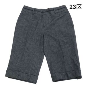 23区 秋冬 カシミヤ紺♪ ヘリンボーン柄 ウール ショート スラックス パンツ Sz.44　レディース グレー 大きいサイズ　K3B00289_A#Q